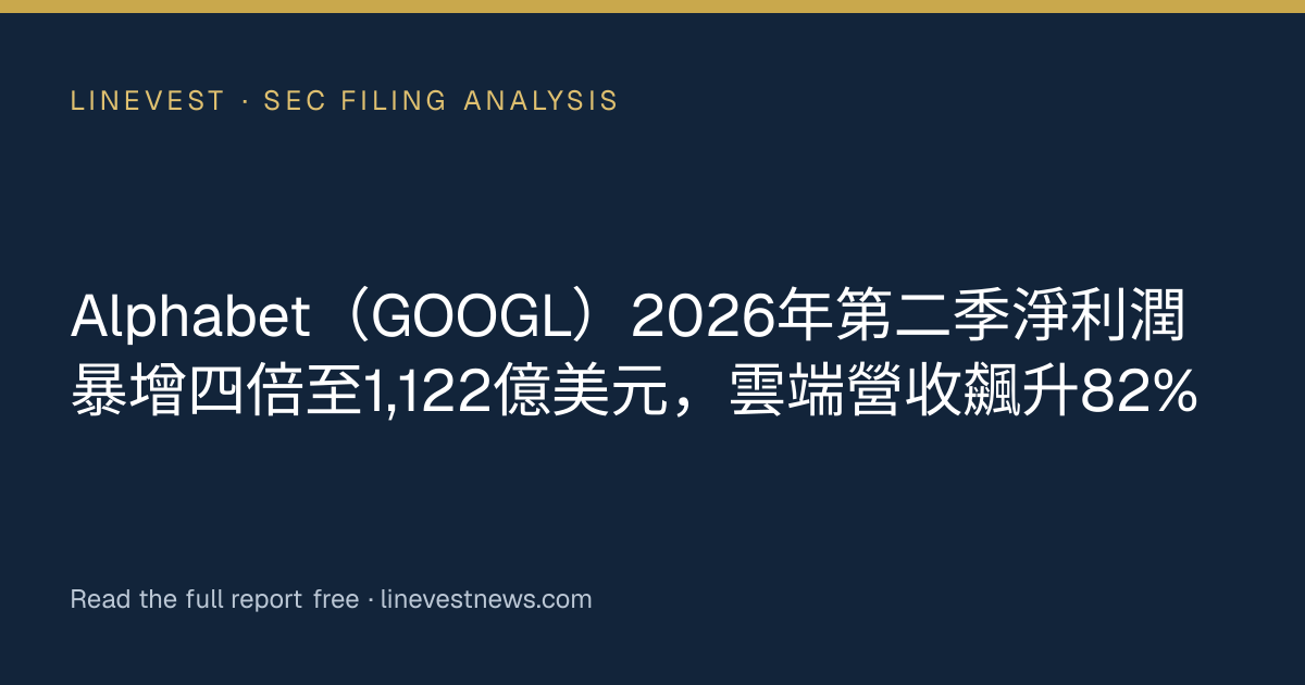 Alphabet（GOOGL）2026年第二季淨利潤暴增四倍至1,122億美元，雲端營收飆升82%