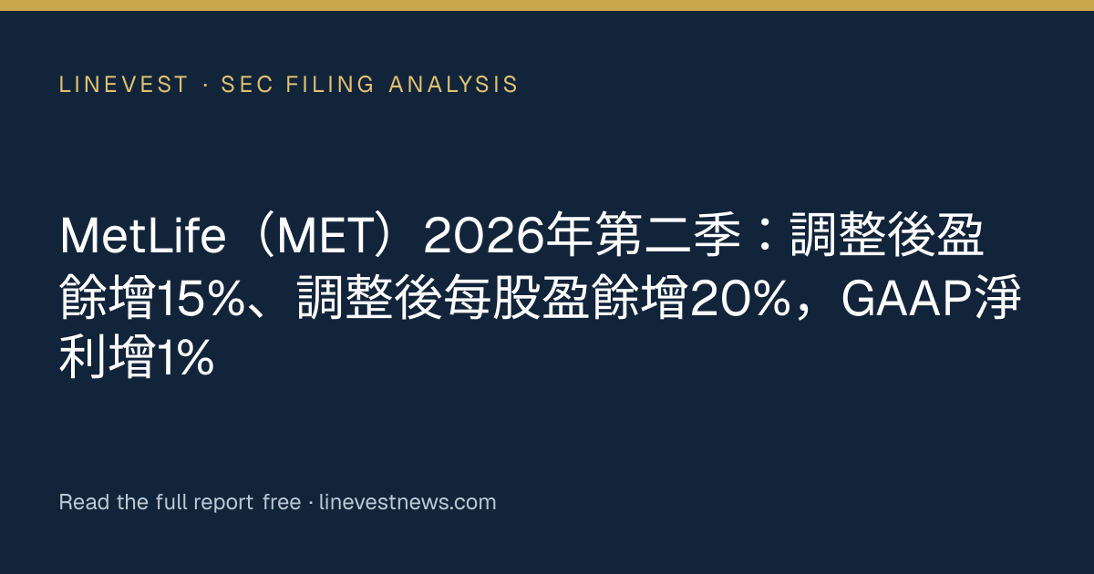 MetLife（MET）2026年第二季：調整後盈餘增15%、調整後每股盈餘增20%，GAAP淨利增1%