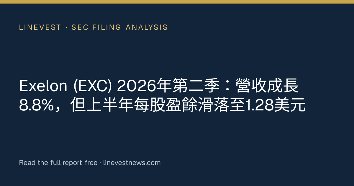 Exelon (EXC) 2026年第二季：營收成長8.8%，但上半年每股盈餘滑落至1.28美元