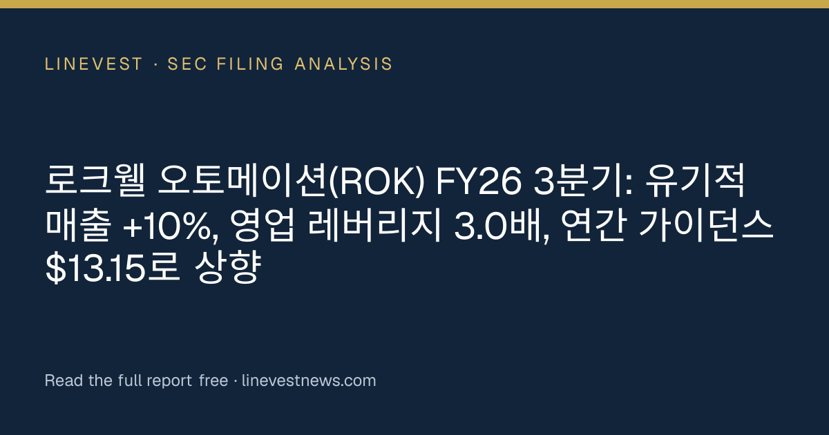 로크웰 오토메이션(ROK) FY26 3분기: 유기적 매출 +10%, 영업 레버리지 3.0배, 연간 가이던스 $13.15로 상향