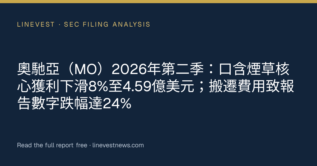 奧馳亞（MO）2026年第二季：口含煙草核心獲利下滑8%至4.59億美元；搬遷費用致報告數字跌幅達24%