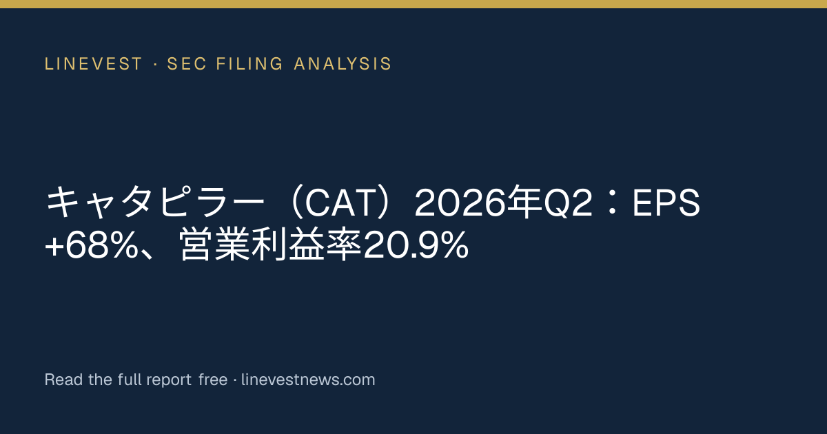 キャタピラー（CAT）2026年Q2：EPS +68%、営業利益率20.9%