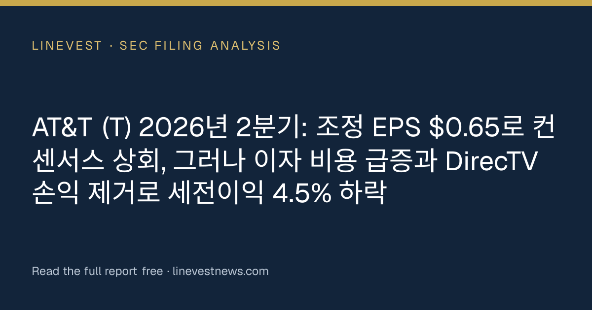 AT&T (T) 2026년 2분기: 조정 EPS $0.65로 컨센서스 상회, 그러나 이자 비용 급증과 DirecTV 손익 제거로 세전이익 4.5% 하락