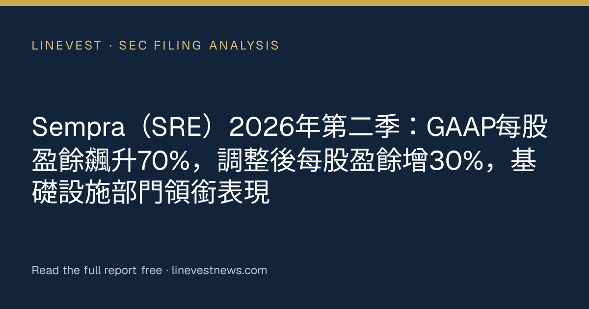Sempra（SRE）2026年第二季：GAAP每股盈餘飆升70%，調整後每股盈餘增30%，基礎設施部門領銜表現