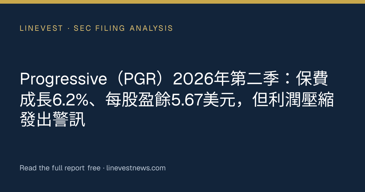 Progressive（PGR）2026年第二季：保費成長6.2%、每股盈餘5.67美元，但利潤壓縮發出警訊