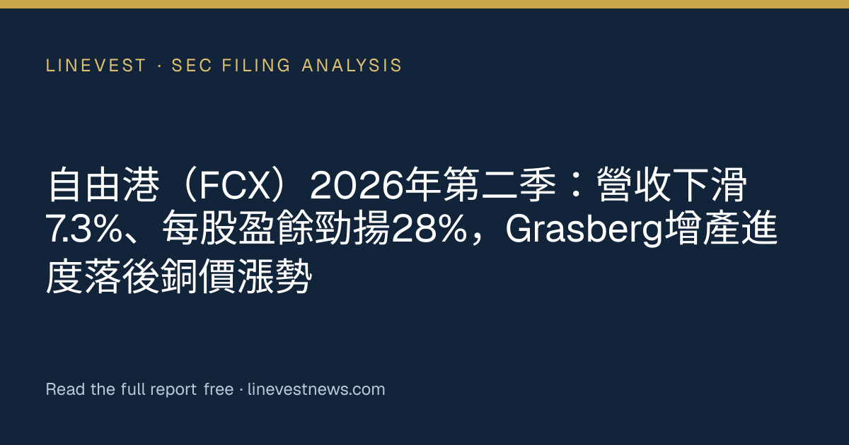 自由港（FCX）2026年第二季：營收下滑7.3%、每股盈餘勁揚28%，Grasberg增產進度落後銅價漲勢