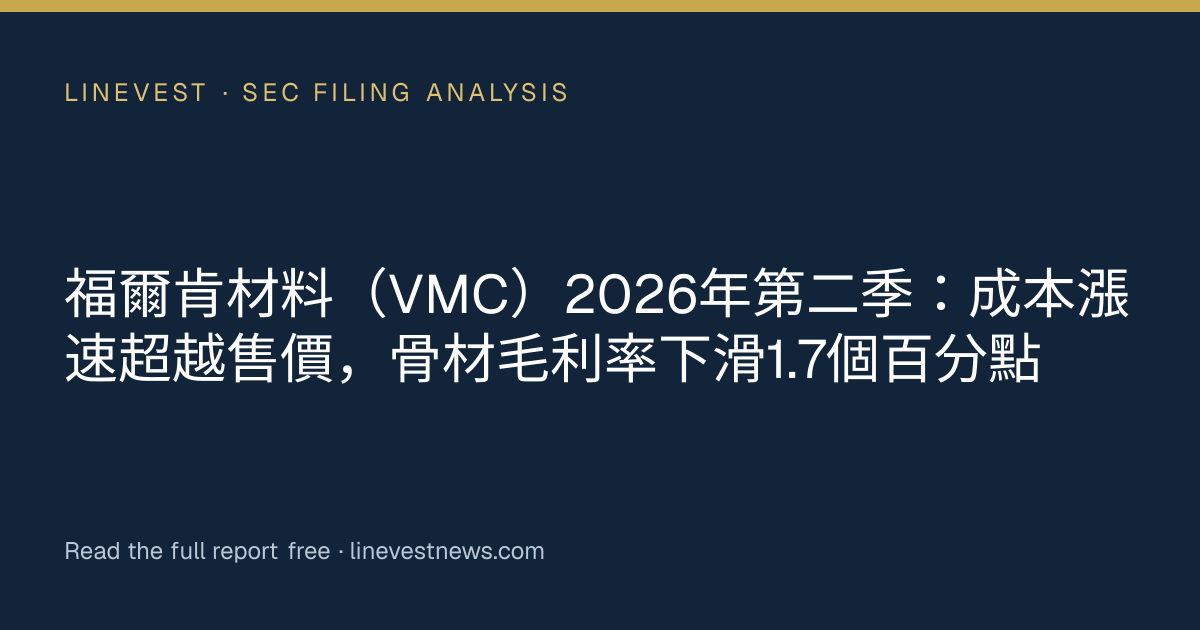 福爾肯材料（VMC）2026年第二季：成本漲速超越售價，骨材毛利率下滑1.7個百分點