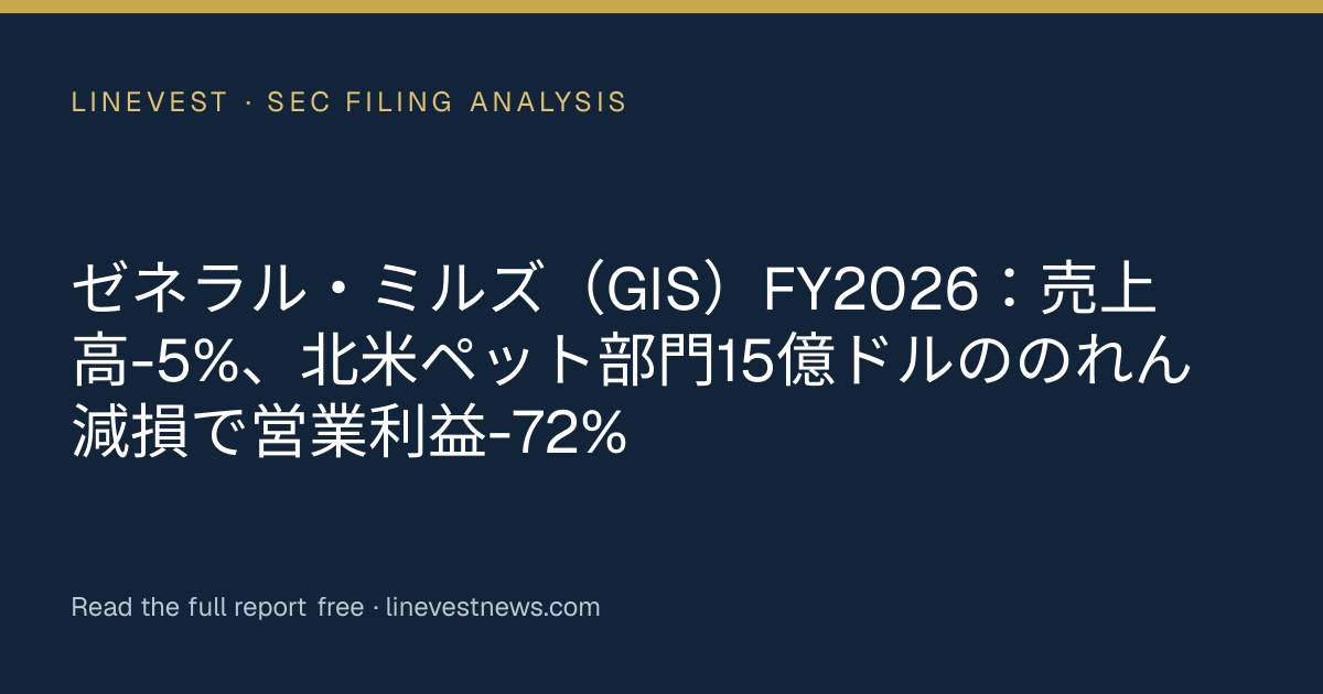 ゼネラル・ミルズ（GIS）FY2026：売上高-5%、北米ペット部門15億ドルののれん減損で営業利益-72%