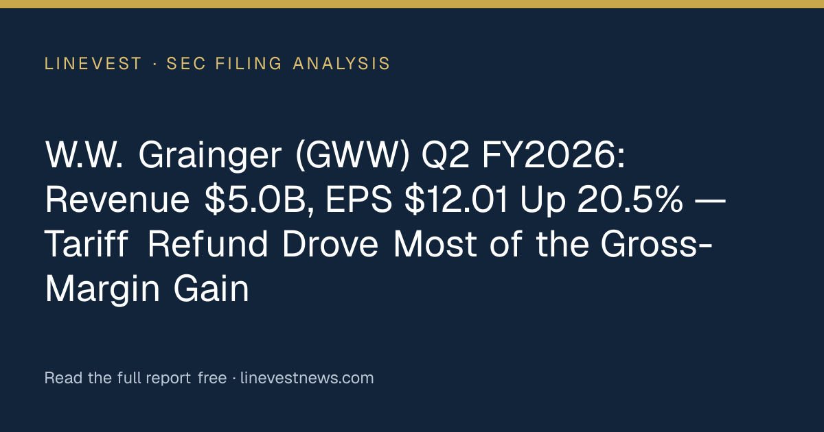 W.W. Grainger (GWW) Q2 FY2026: Revenue $5.0B, EPS $12.01 Up 20.5% — Tariff Refund Drove Most of the Gross-Margin Gain